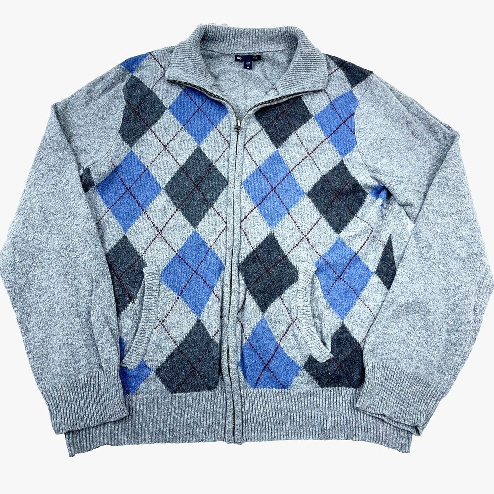 Gap Cardigan Sweater Men Large Medium Gray Blue Diamond Grandpa Full Zip Golf